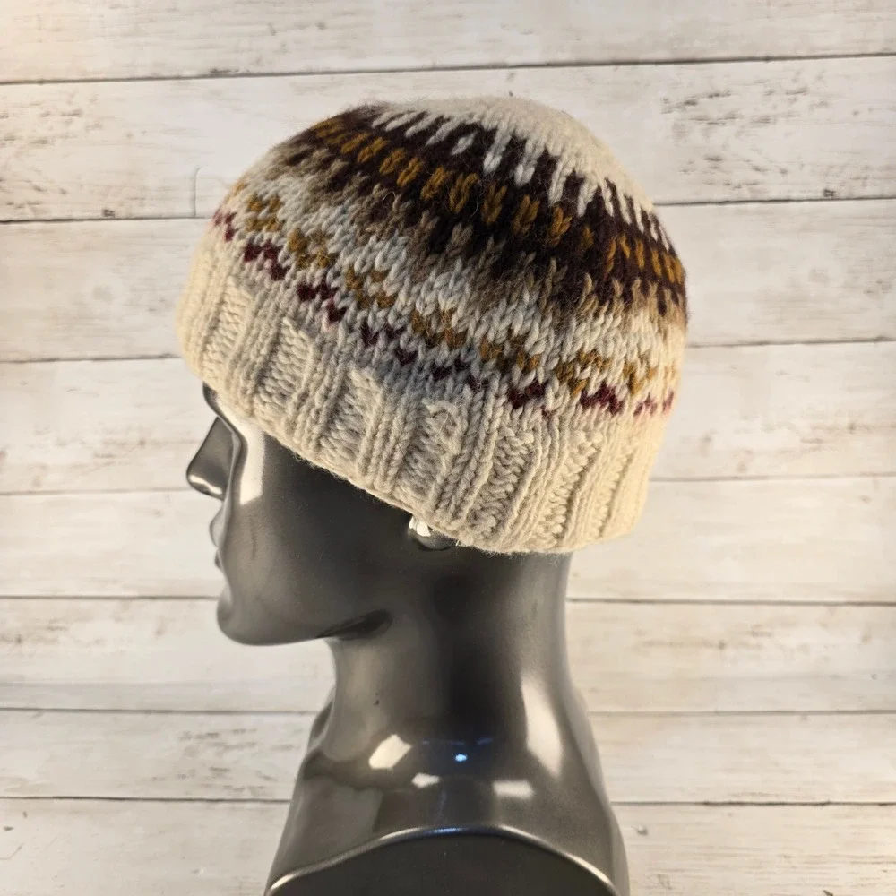 Moshiki Wool Beanie Fair Isle Knit Fleece Lined Winter Hat Cream Brown Nepal